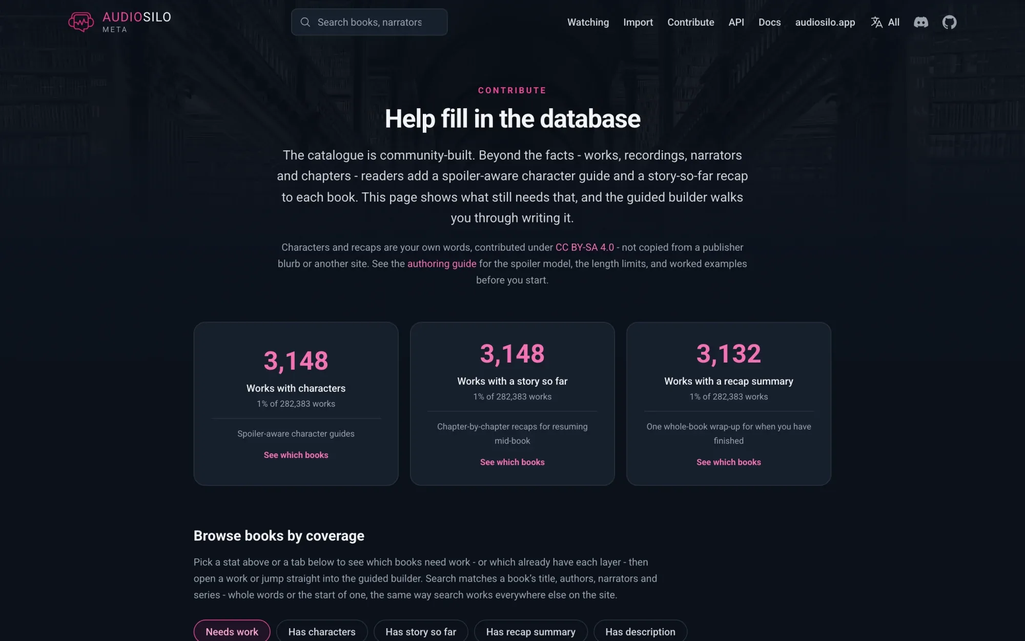 The contribute page on meta.audiosilo.app: which books still need characters and recaps