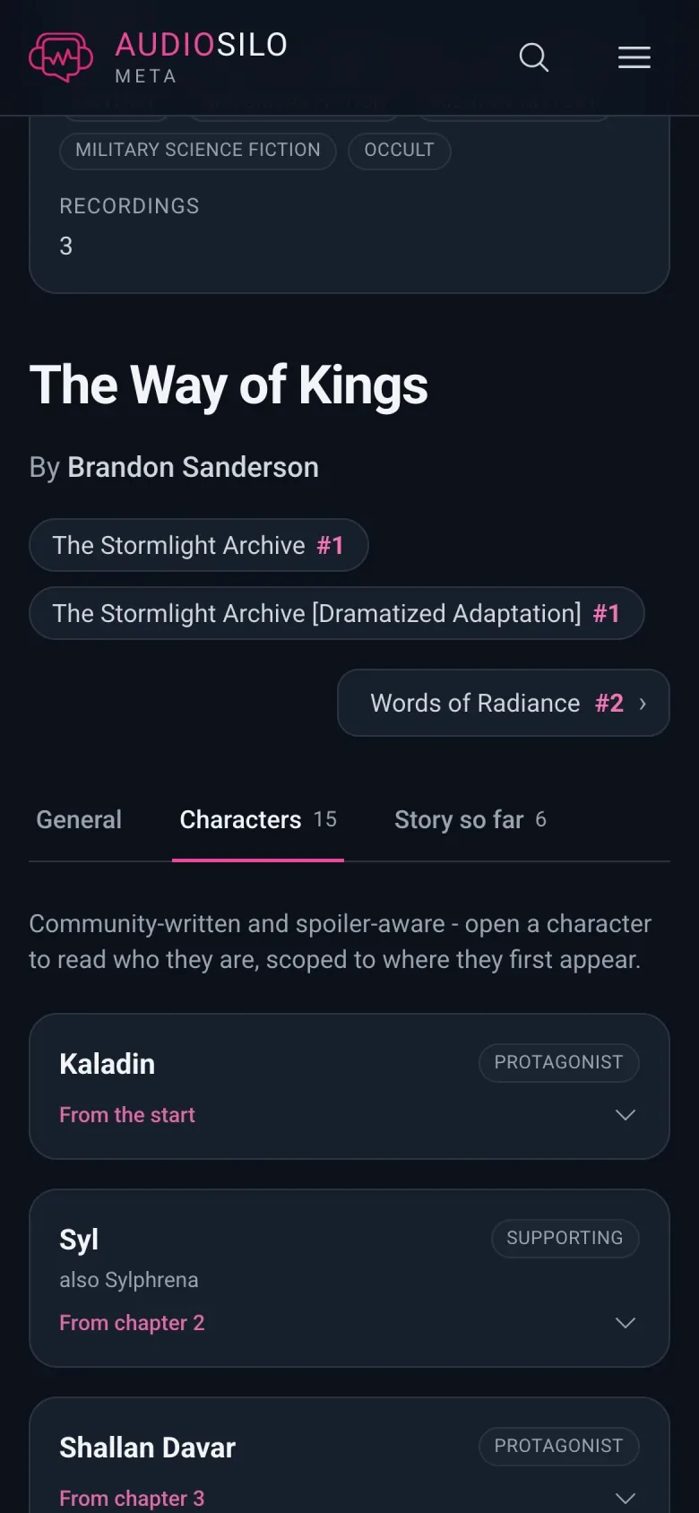 Community characters on meta.audiosilo.app on a phone