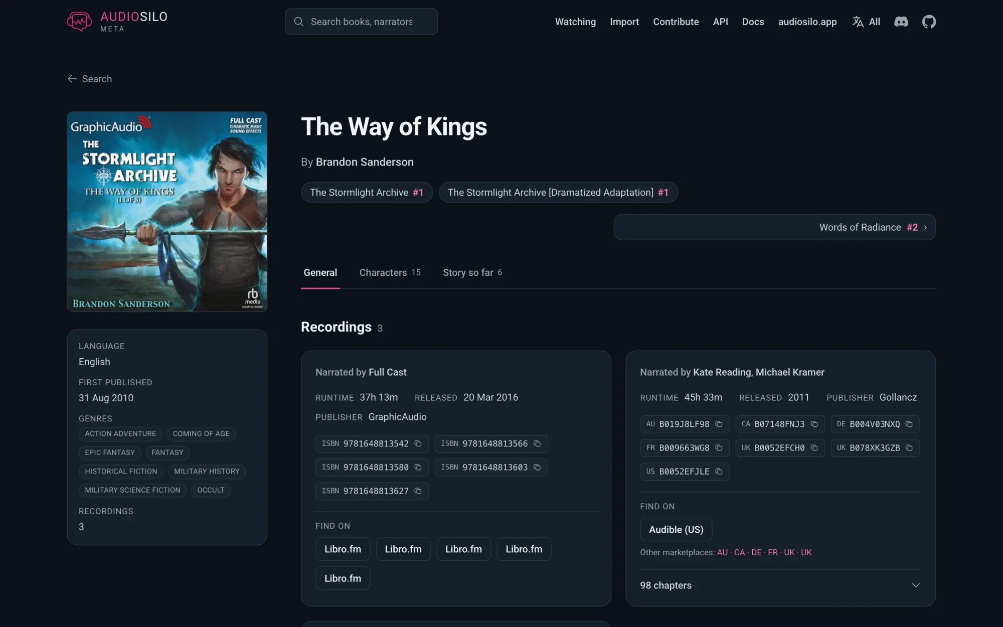 A work on meta.audiosilo.app with its recordings, narrators, runtimes and regional ASINs