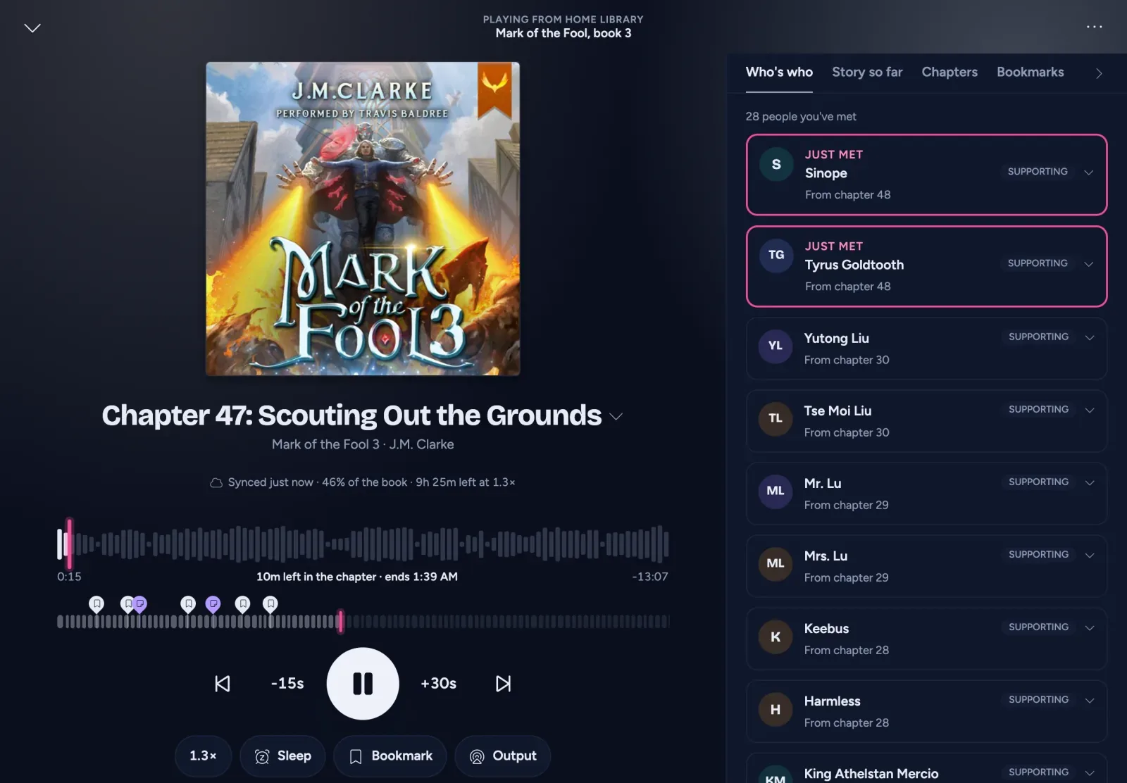 The full player on an iPad: the cover, the chapter seek bar with the whole-book timeline and bookmark pins under it, and Who's who alongside with two people Just met