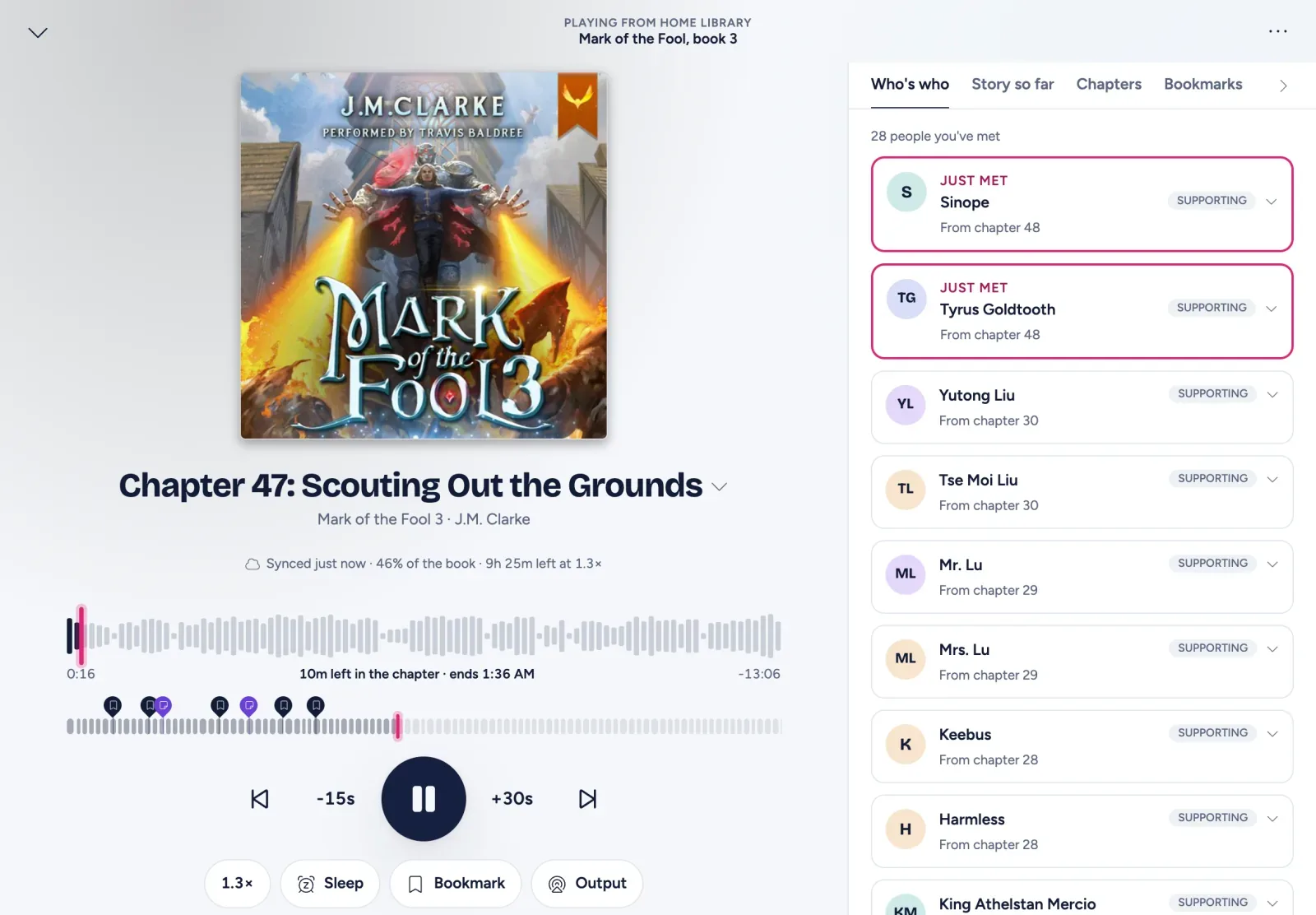 The full player on an iPad: the cover, the chapter seek bar with the whole-book timeline and bookmark pins under it, and Who's who alongside with two people Just met