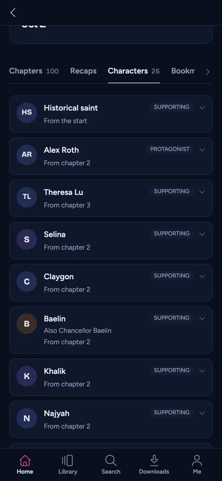 Characters inside the AudioSilo player on a phone: only the people already met, each from the chapter they first appear in