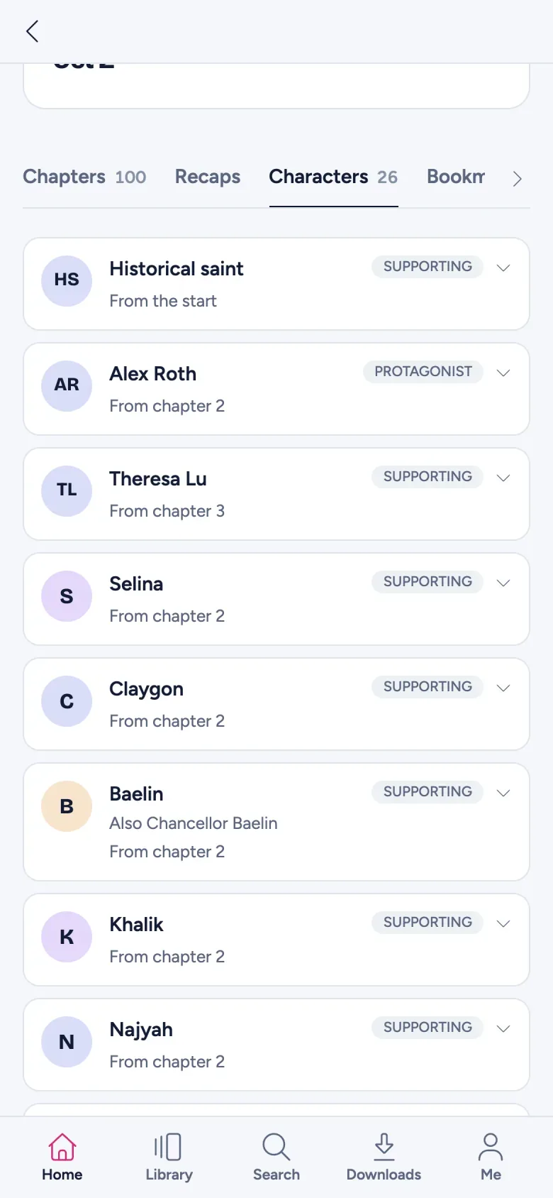 Characters inside the AudioSilo player on a phone: only the people already met, each from the chapter they first appear in