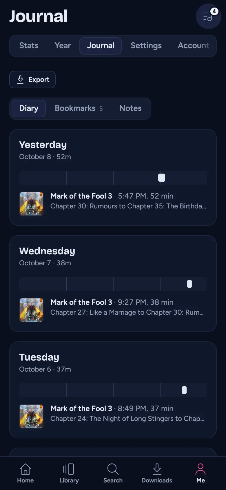The Journal on a phone: a diary of each day's listening, with Bookmarks and Notes tabs and Export