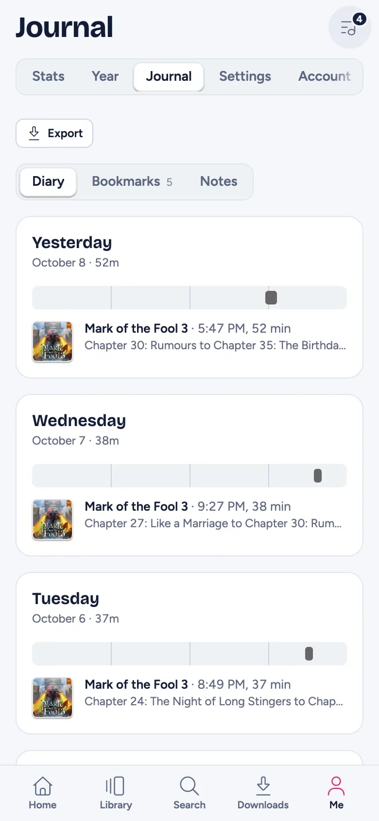 The Journal on a phone: a diary of each day's listening, with Bookmarks and Notes tabs and Export