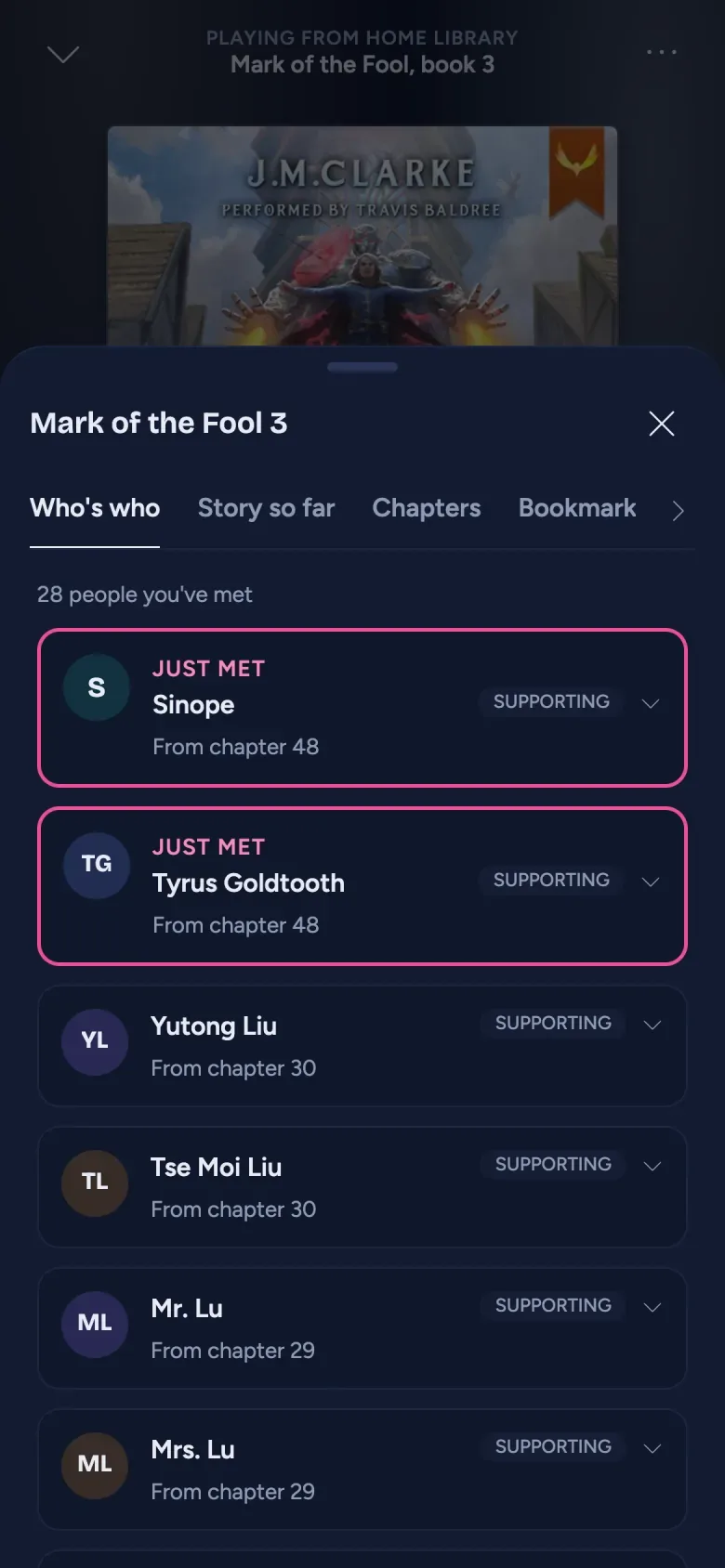 Who's who over the player on a phone: two characters marked Just met at the top, then the 28 people met so far