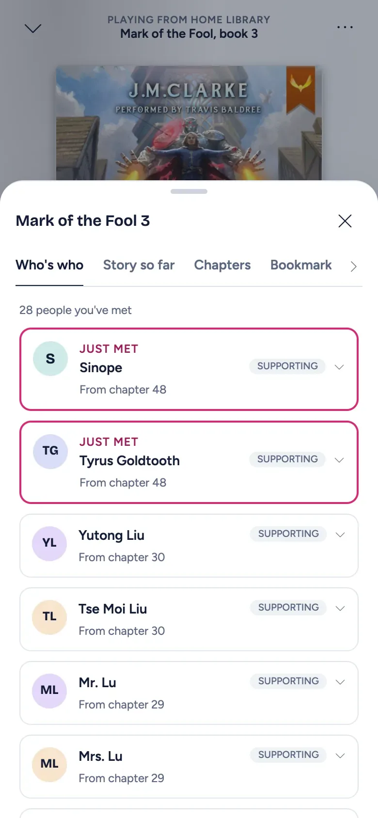 Who's who over the player on a phone: two characters marked Just met at the top, then the 28 people met so far