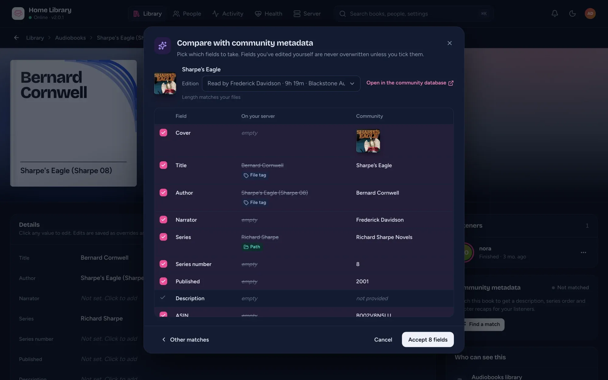 Compare with community metadata, field by field: what is on your server, marked File tag or Path, next to the community value, with the fields to take ticked