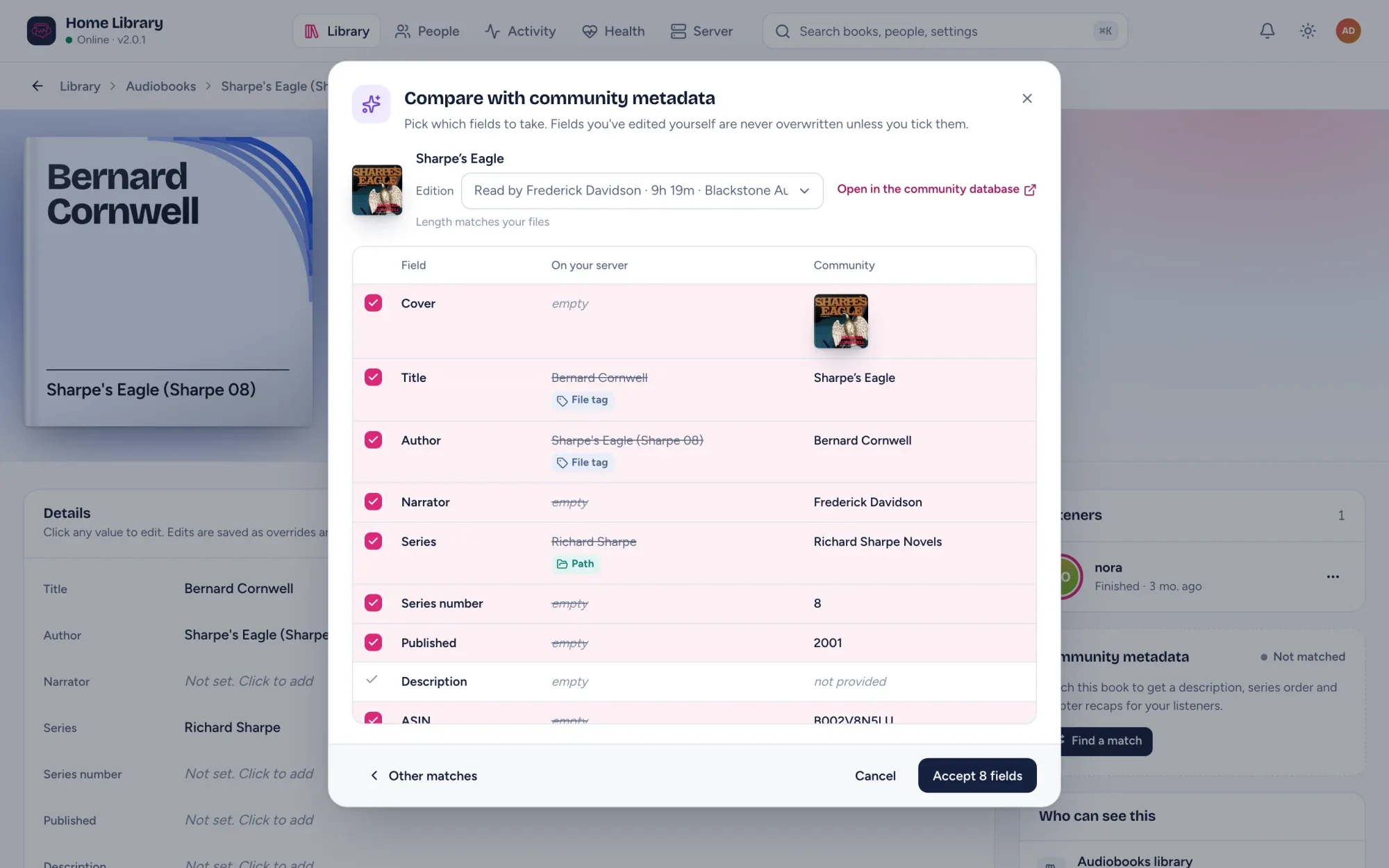 Compare with community metadata, field by field: what is on your server, marked File tag or Path, next to the community value, with the fields to take ticked