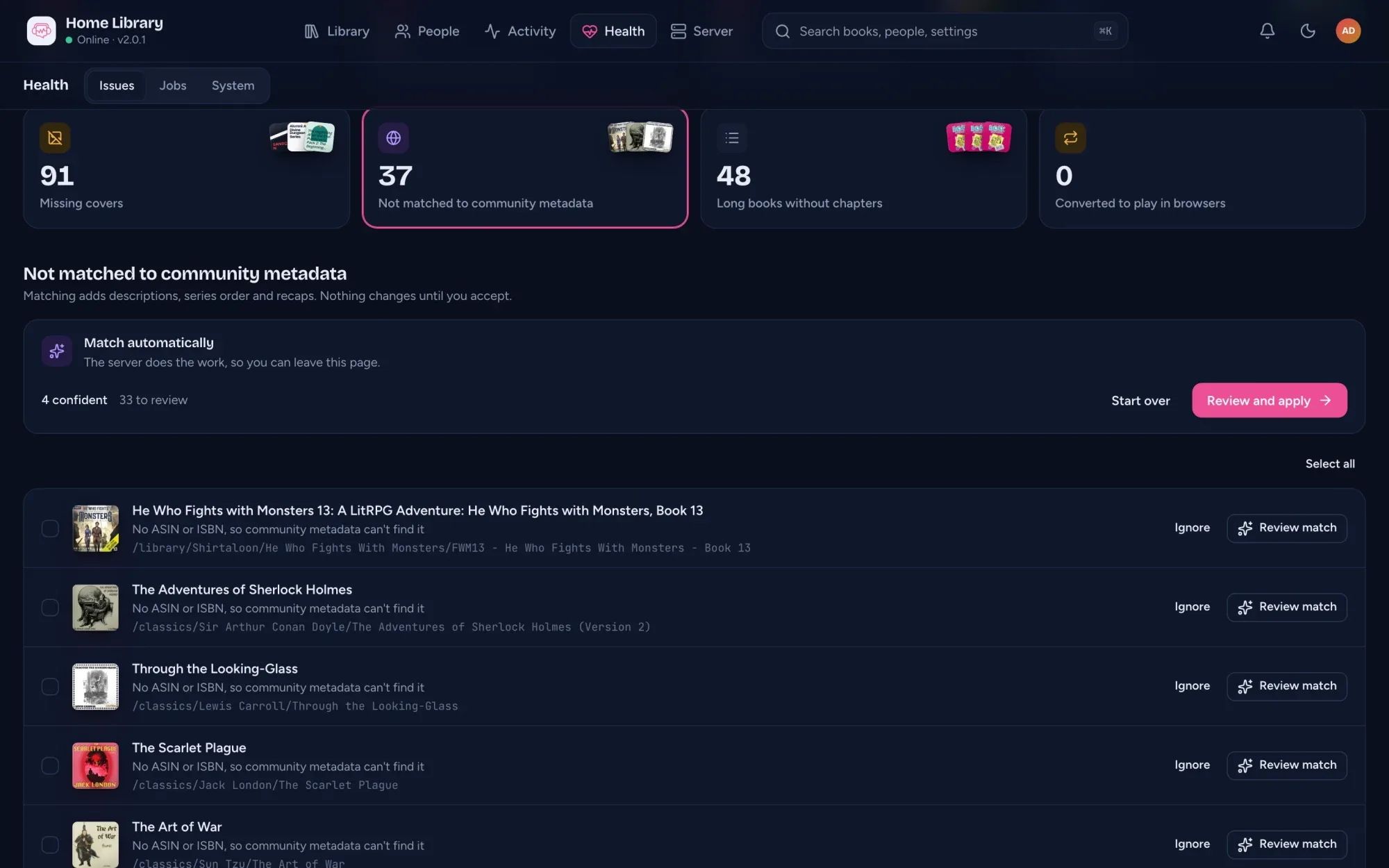 Health, Not matched: the Match automatically card with 4 confident and 33 to review, above the books still to match