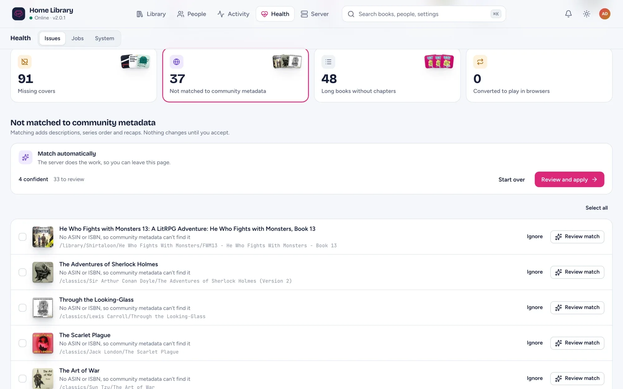 Health, Not matched: the Match automatically card with 4 confident and 33 to review, above the books still to match