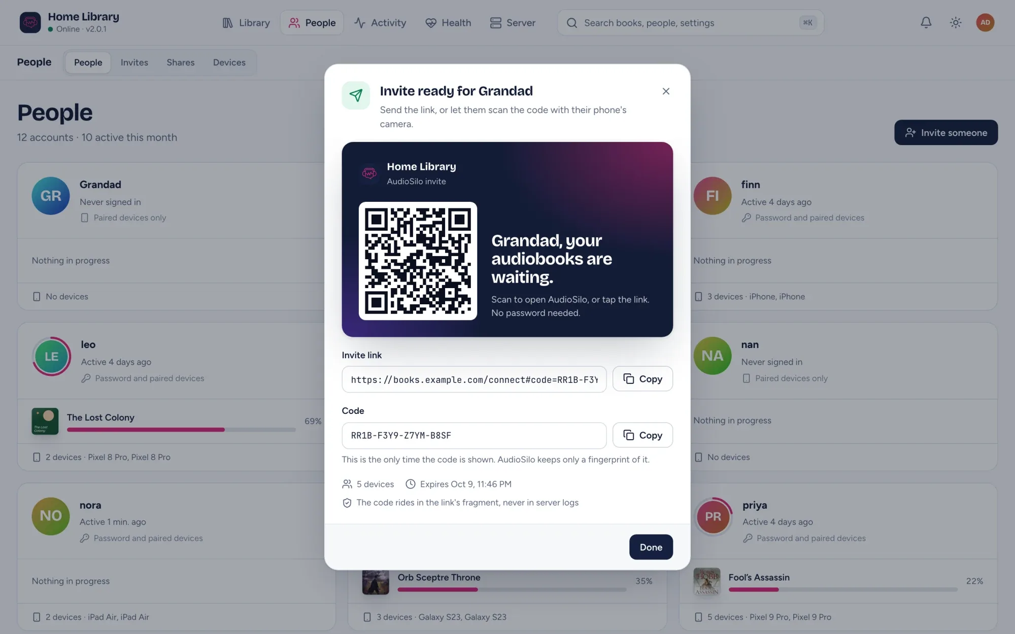 An invite ready for Grandad: a QR code to scan with a phone camera, the invite link and a one-time code