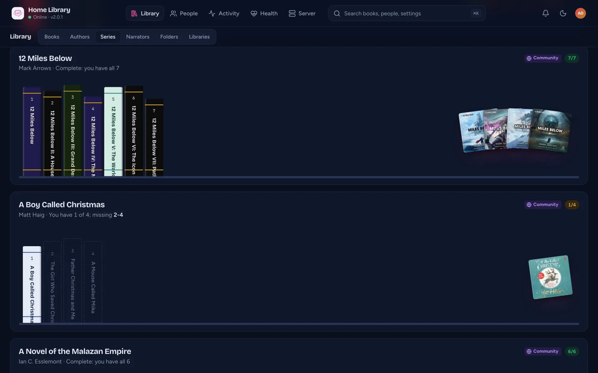 Series in the admin console: a complete shelf of seven spines, and A Boy Called Christmas with books 2 to 4 missing
