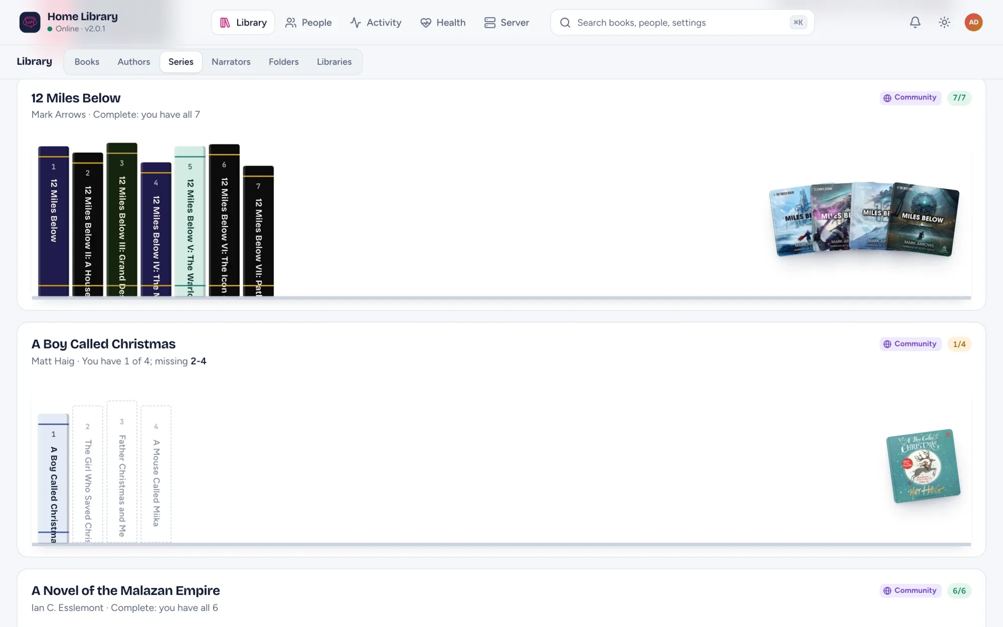 Series in the admin console: a complete shelf of seven spines, and A Boy Called Christmas with books 2 to 4 missing
