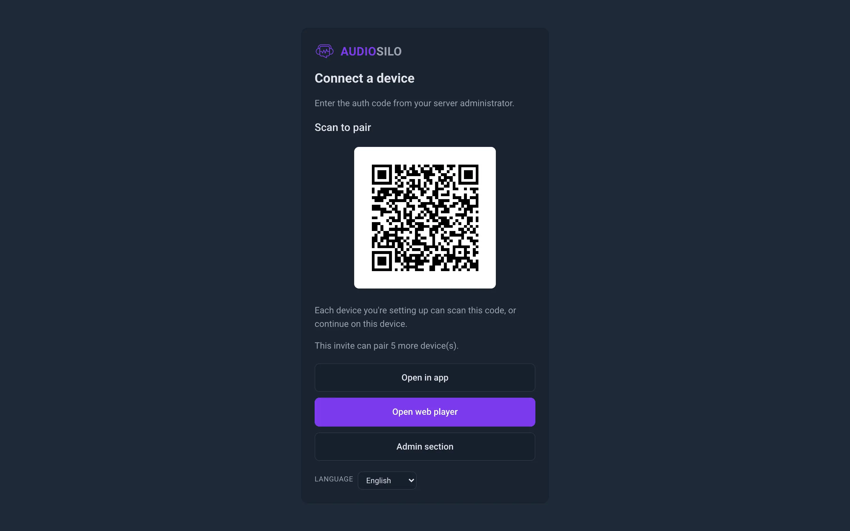 The AudioSilo connect page, showing a pairing QR code and open-in-app buttons