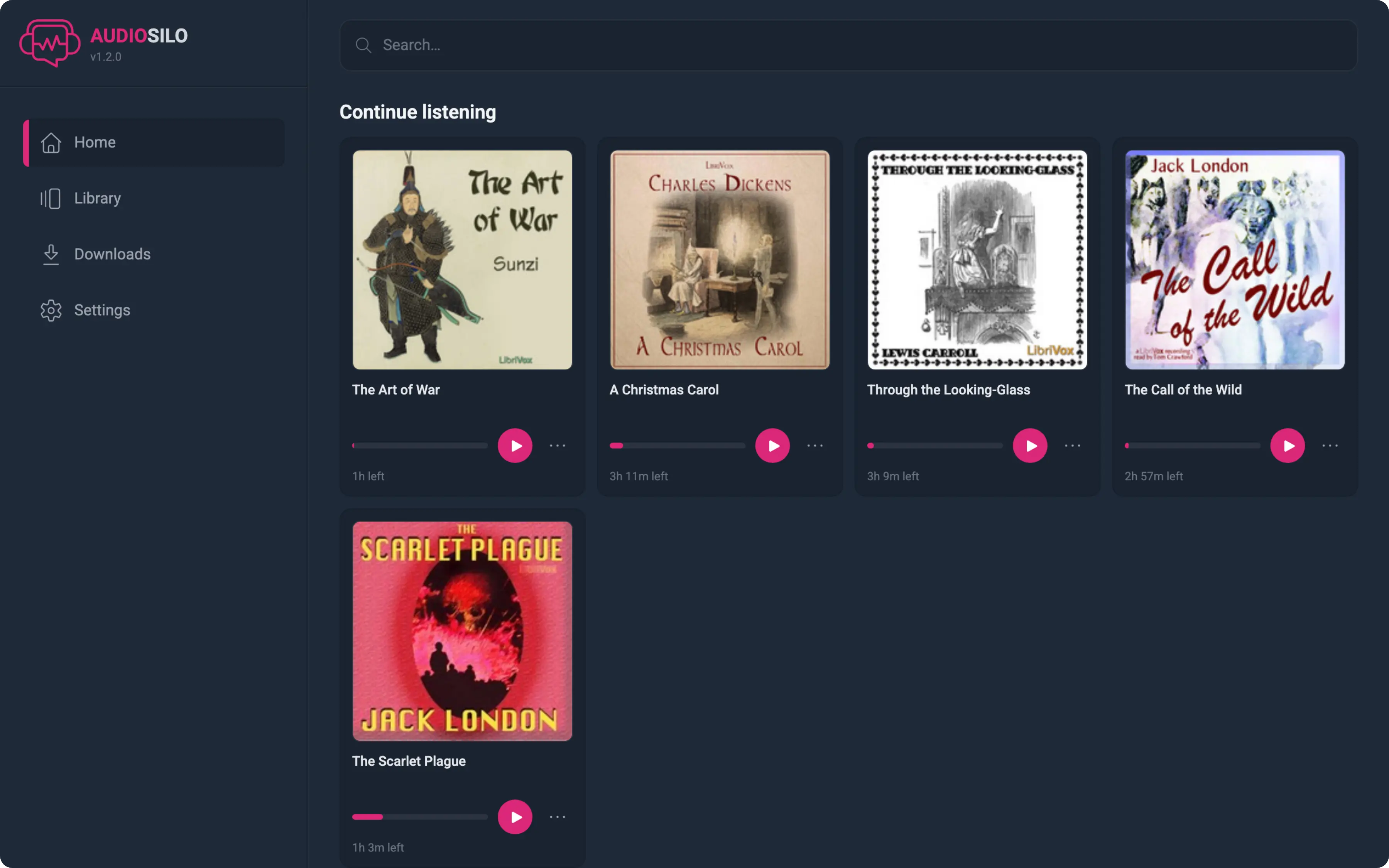 The AudioSilo web player on desktop, showing the library grid and a continue-listening shelf