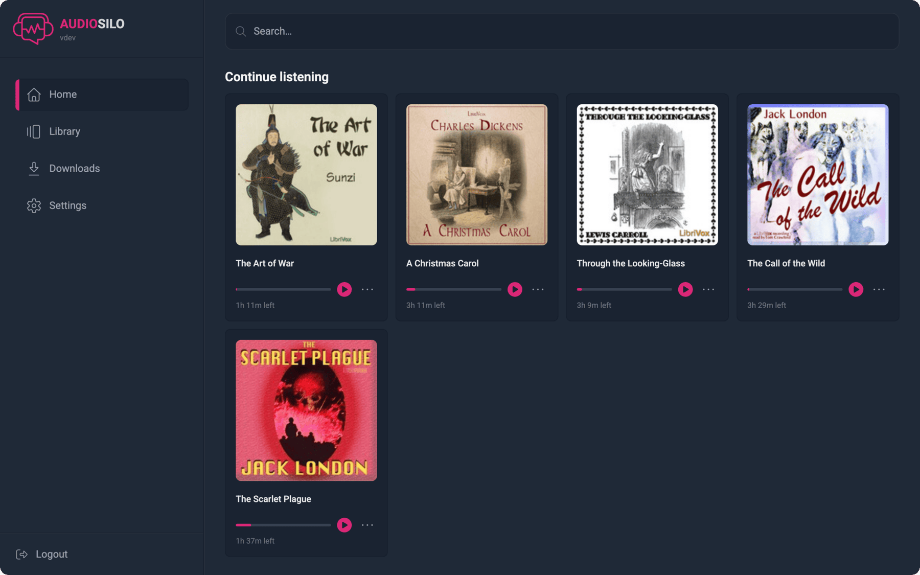 The AudioSilo web player on desktop, showing the library and continue-listening